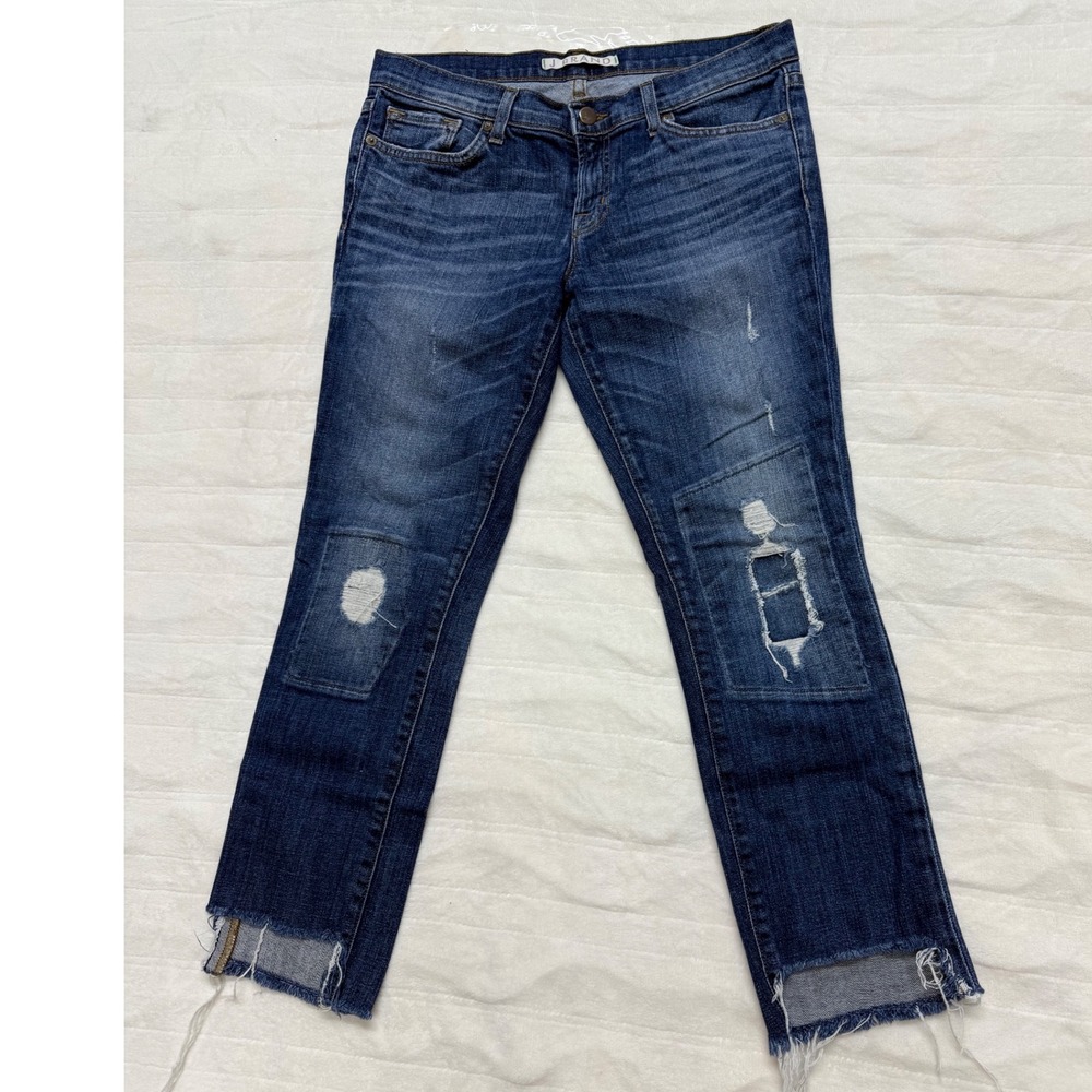 J Brand Women Size 29 Blue Distressed Patchwork Cropped Jeans‎ Raw Hem
